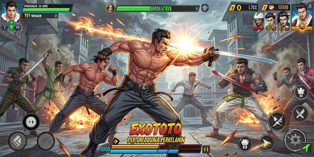 Screenshot gameplay EXOTOTO menampilkan pertarungan yang mendebarkan dan karakter unik.