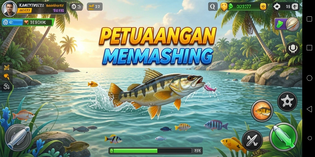 Screenshot gameplay KAWI777 dengan ikan besar yang berhasil ditangkap.