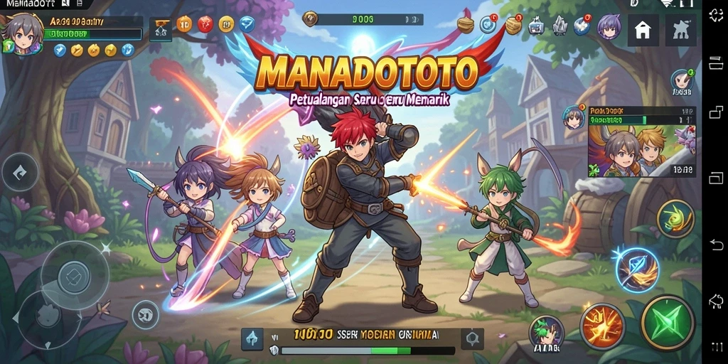 Tampilan gameplay seru dari MANADOTOTO dengan karakter anime yang menarik.