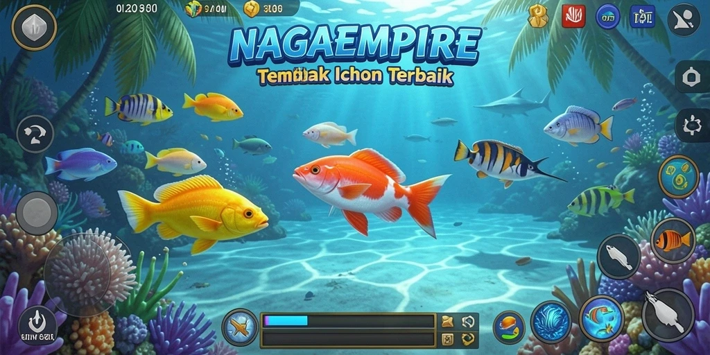 Screenshot gameplay NAGAEMPIRE dengan aksi seru tembak ikan.