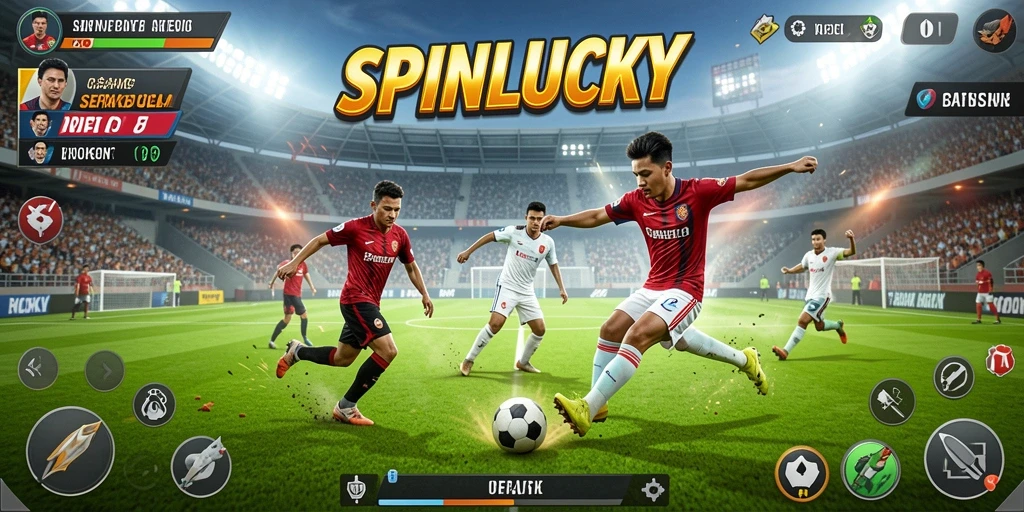 Tampilan gameplay SPINLUCKY dengan aksi seru di lapangan sepak bola.