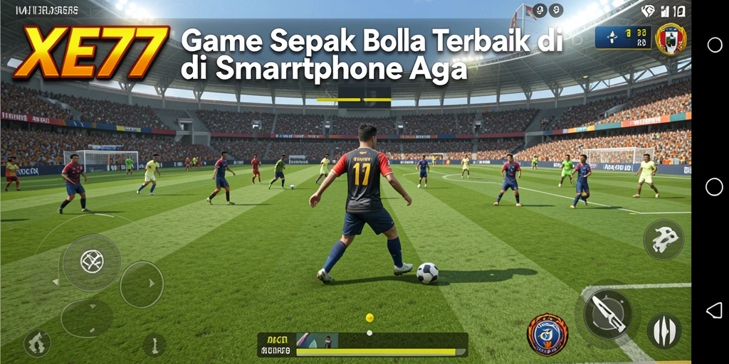 Screenshot gameplay XE77 dengan aksi sepak bola seru.